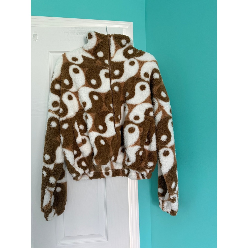 Weekending Yin Yang Sherpa Fleece Jacket Brown White Full Zip Mock Neck Medium